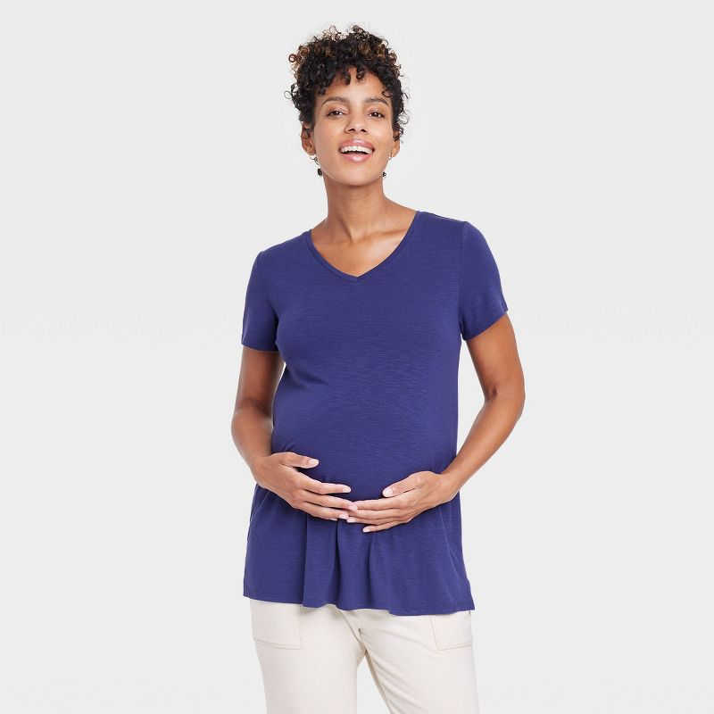 Short Sleeve V-Neck with Side Zip Nursing Maternity T-Shirt - Isabel Maternity by Ingrid & Isabel™ Navy S: Knit Pullover