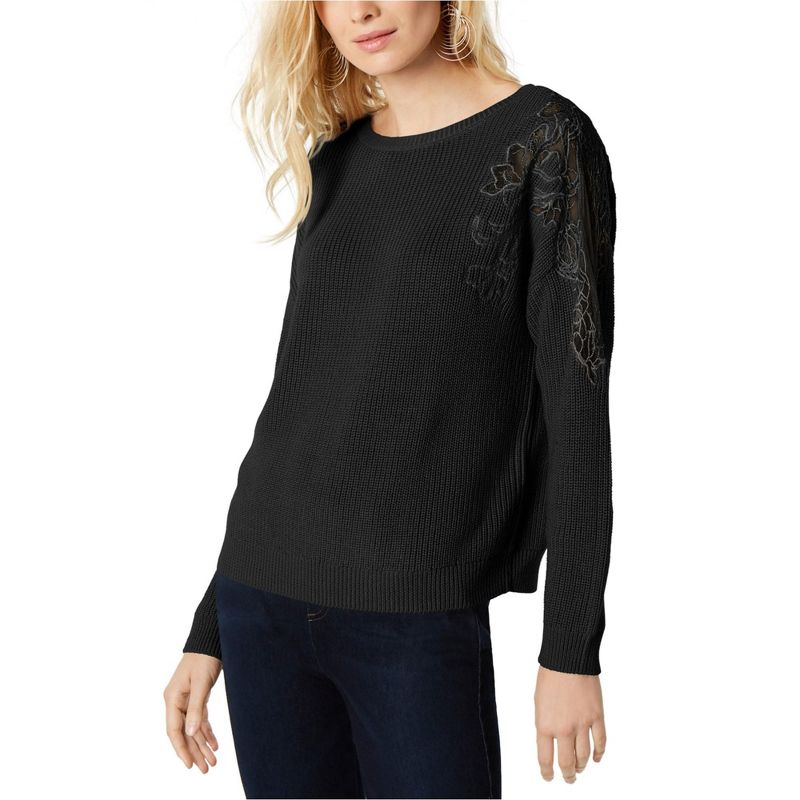 I.N.C International Concepts Womens Lace Shoulder Pullover Sweater, black, Medium