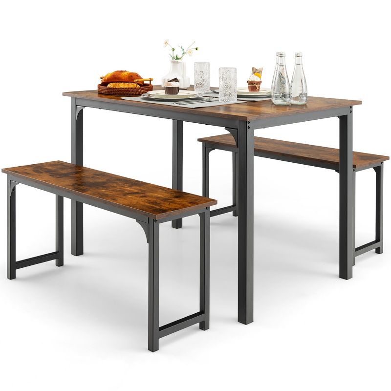 Costway 3pcs Dining Table Set Modern Studio Collection Table and 2 Bench Coffee
