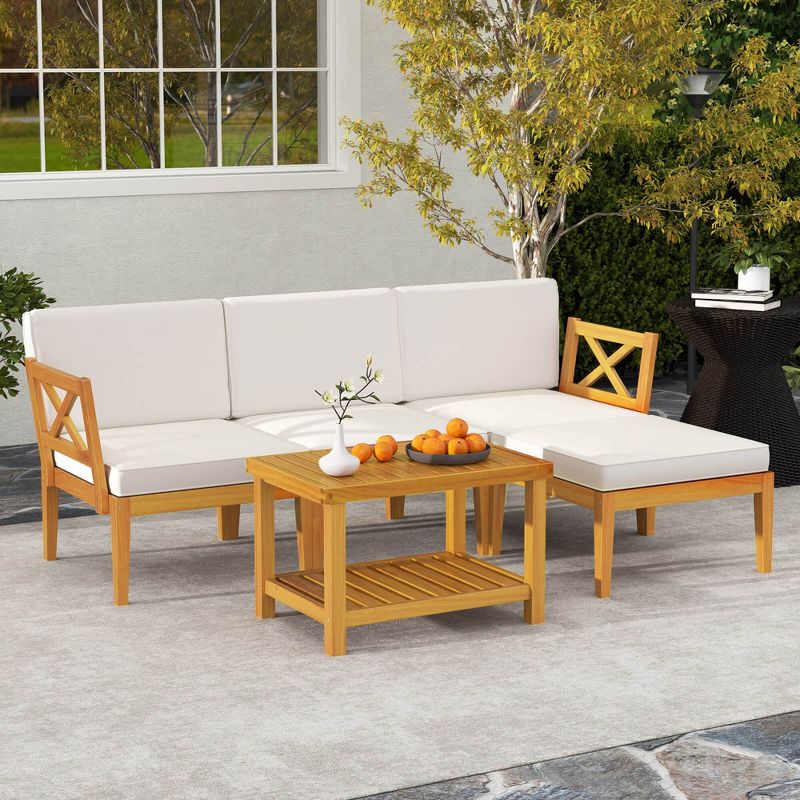 Costway 5 PCS Acacia Wood Patio Furniture Set with 2-Tier Coffee Table and Cushions