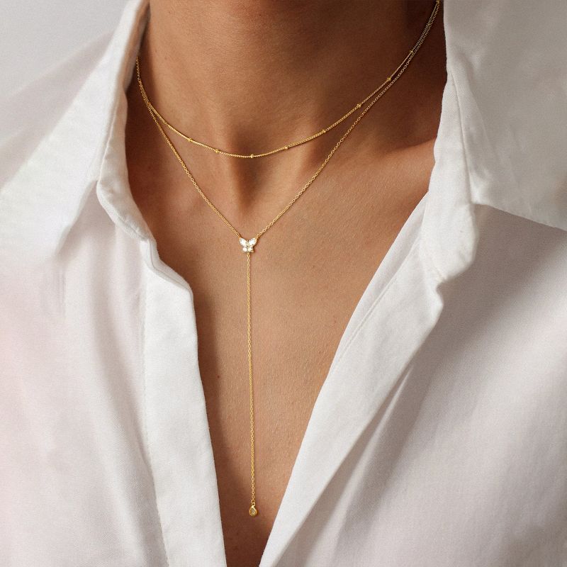 Turandoss 18K Gold Layered Lariat Necklace for Women - Dainty Y-Shaped Butterfly Zirconia Necklace, Birthday Christmas Gifts Jewelry, 15+2.5/18+2.5In