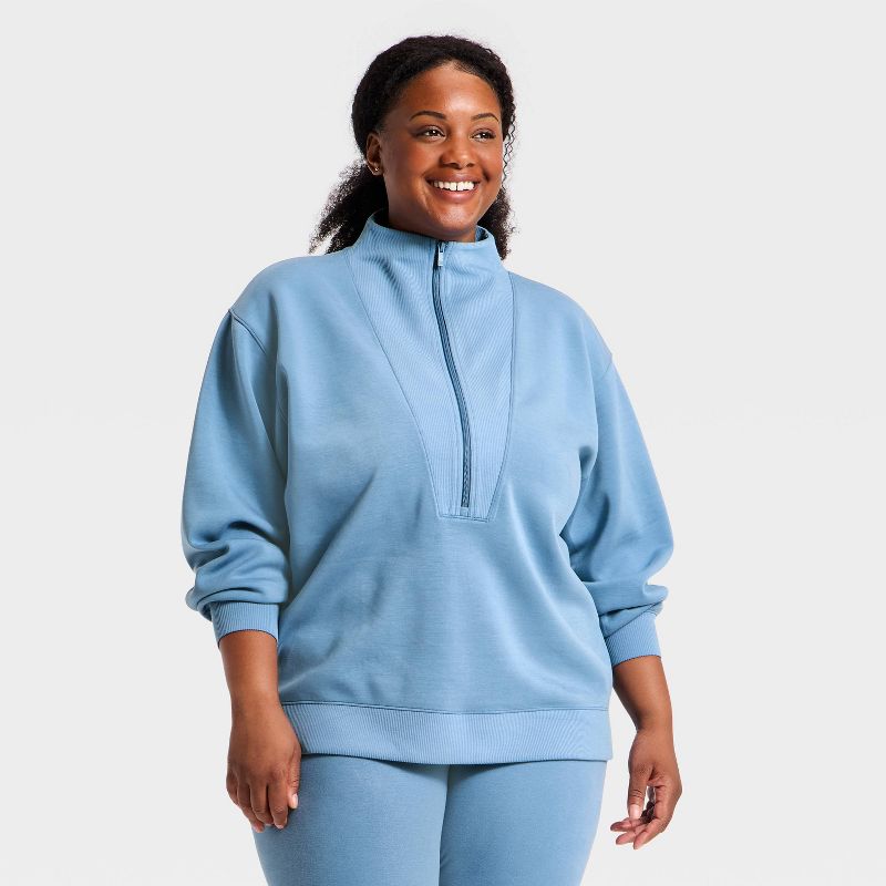 Women's Airy Sleek Deep Zip Pullover Sweatshirt - All In Motion™ Steel Blue 1X