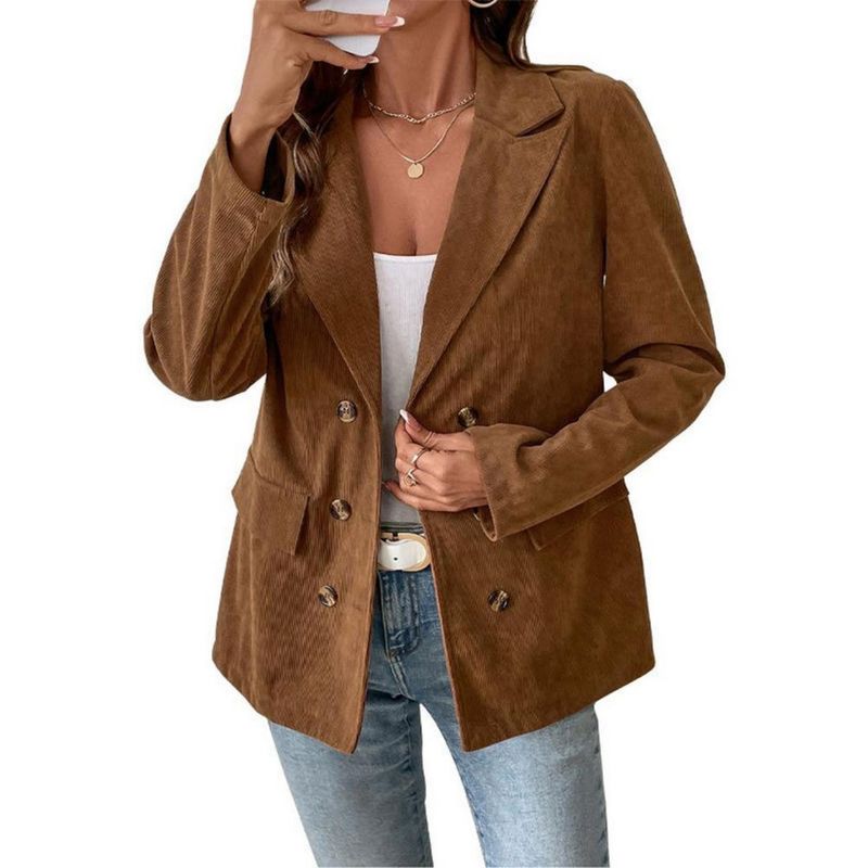 Clearlove Women Corduroy Blazer Jackets Fall Notched Lapel Long Sleeve Work Office Coats Brown Small