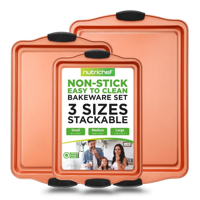 NutriChef 3 Piece Baking Pan Set - PFOA, PFOS, PTFE Free Flexible Nonstick Carbon Steel Bakeware Set - Home Kitchen Bake