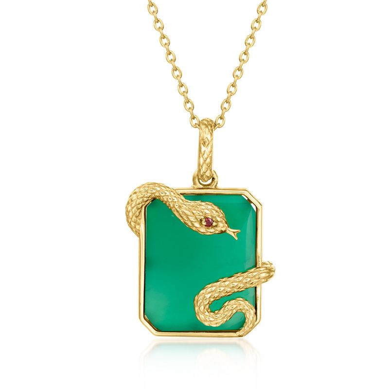 Ross-Simons Green Chalcedony Snake Pendant Necklace With Single Garnet in 18kt Gold Over Sterling Size 18