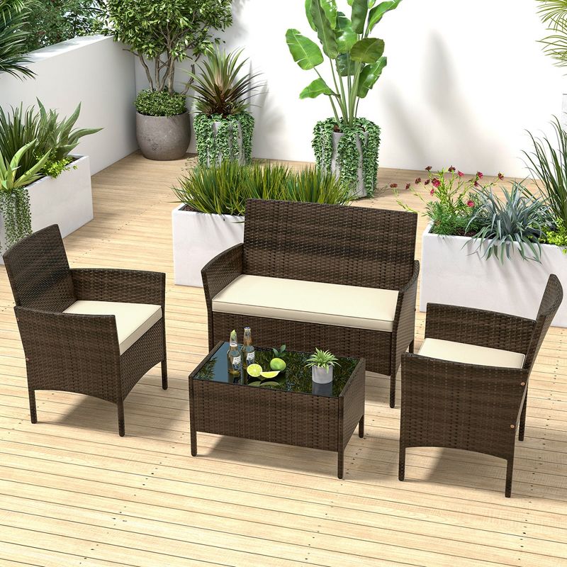 Costway 4 PCS Patio Furniture Set with Washable Cushions and Tempered Glass Coffee Table Beige