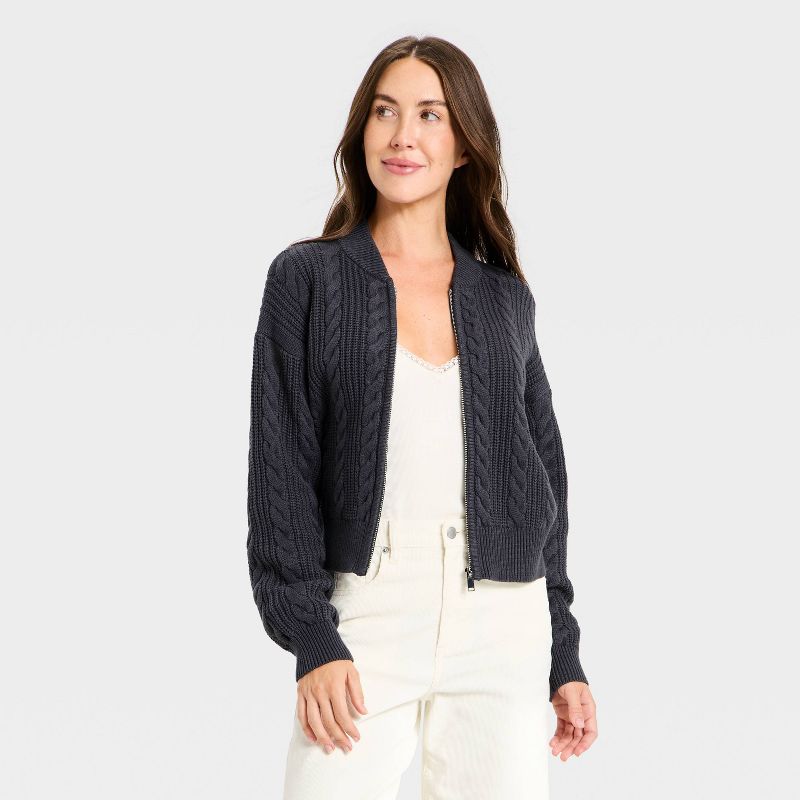 Women's Cable Full Zip Fashion Jacket - Universal Thread™ Charcoal Gray XL