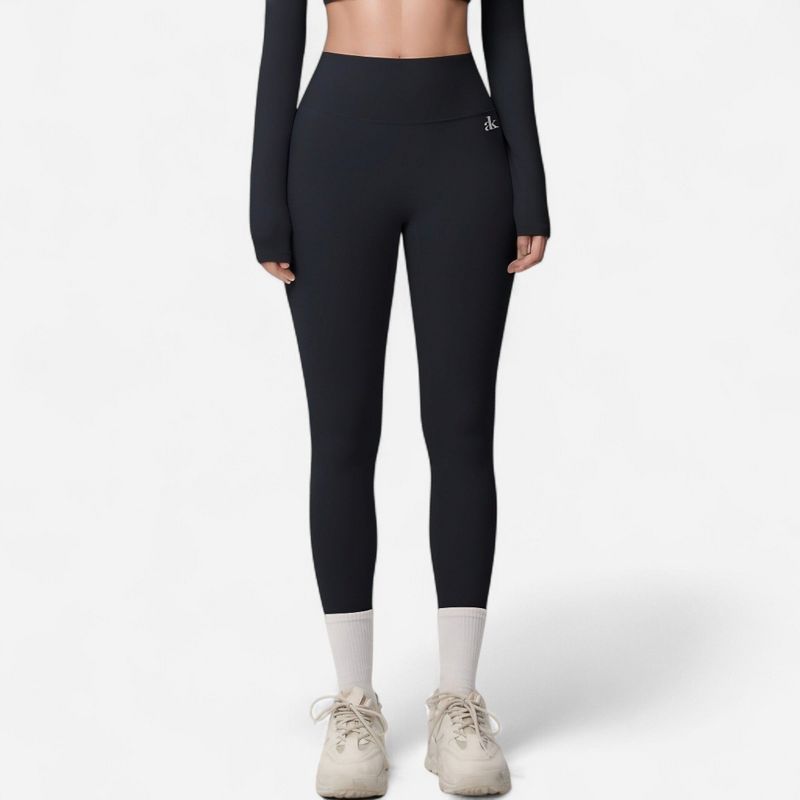 Anna-Kaci Active Women's High Waist Seamless Full-Length Leggings with Compression Fit Stretch Fabric and Minimal Logo Detail - Black, Small