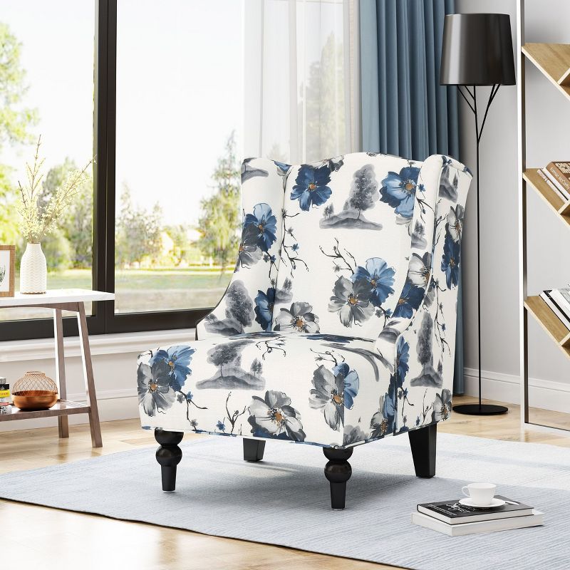 PAGED Modern Accent Chair, Club Chair with High Back and Wooden Legs, Print Single Sofa Chair for Bedroom, Living Room Furniture, Beige+Blue Flower