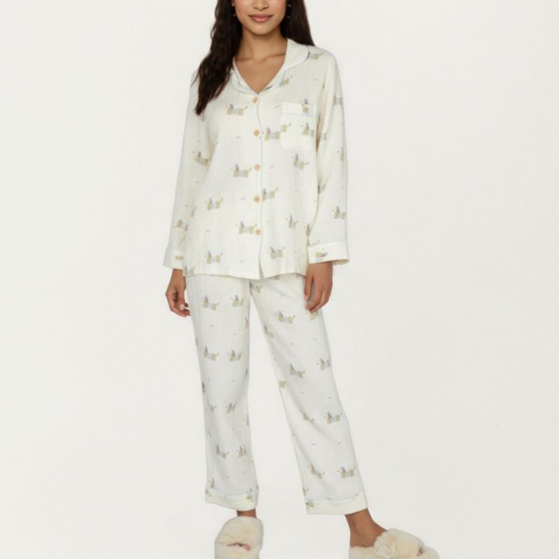 Anna-Kaci Lounge Women's 2-Piece Set Long Sleeve Button Front Top and Relaxed Fit Pants Pajama Set with Dog Print - Small, Light Beige