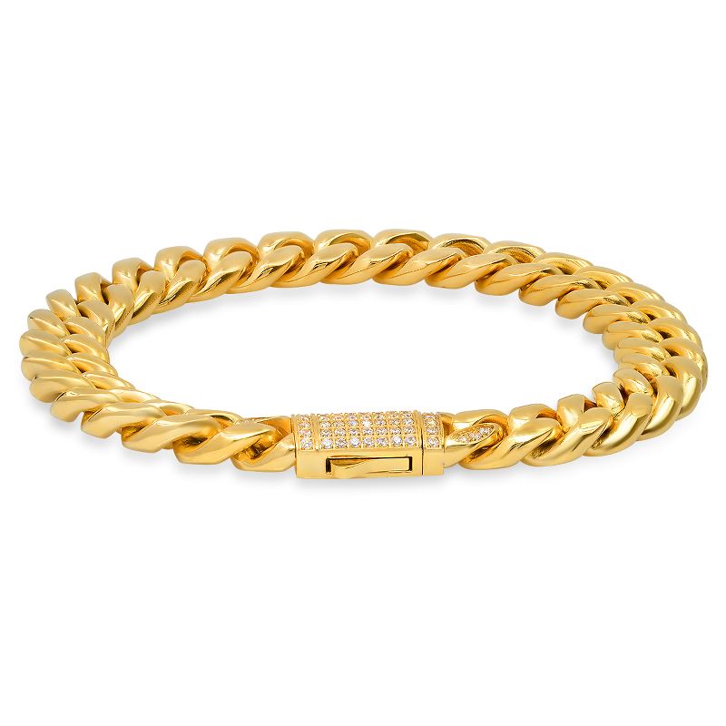 Steeltime Men's 18k gold plated stainless steel thick cuban link chain bracelet with simulated diamonds clasp. Color Options: Silver, Gold