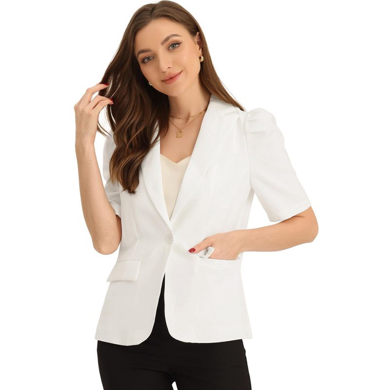 INSPIRE CHIC Women's Lapel Collar Buttoned Summer Work Office Short Sleeve Casual Blazer Jacket White Large