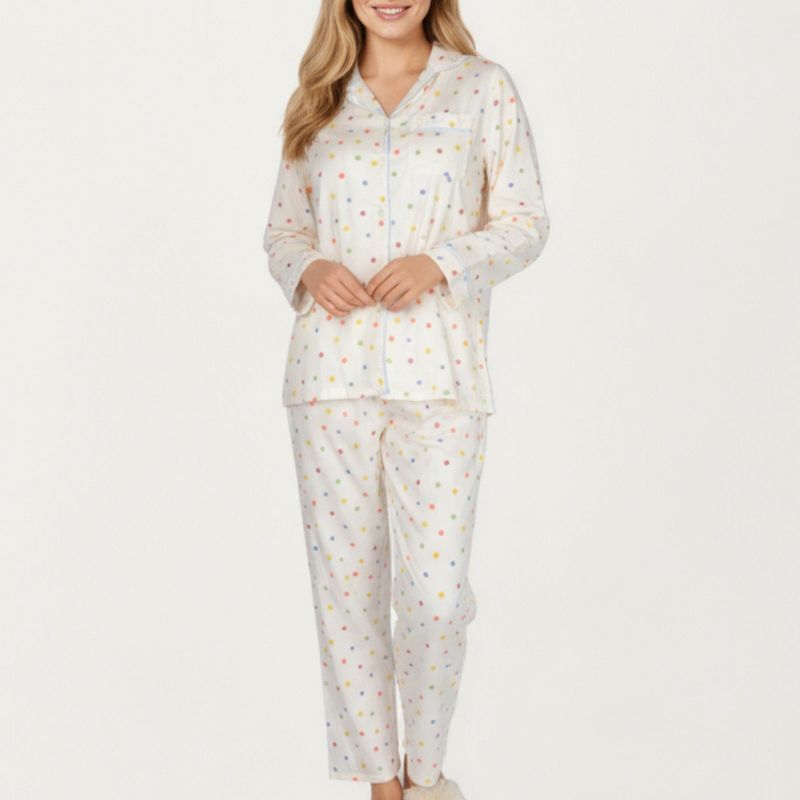 Anna-Kaci Lounge Women's 2-Piece Set Polka Dot Print Button-Up Long Sleeve Pajama Top and Matching Pants - Large, Light Beige