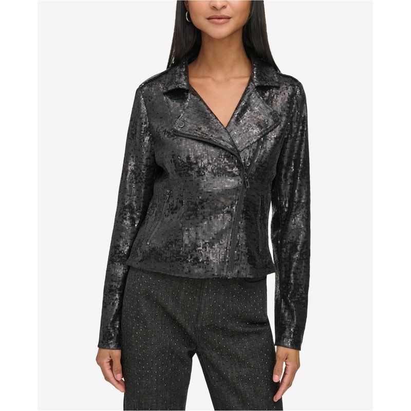 Karl Lagerfeld Womens Sequined Motorcycle Jacket, black, Medium