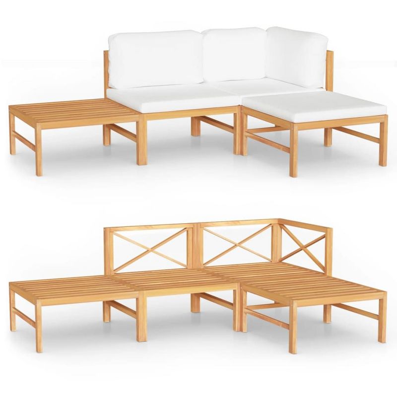 vidaXL 4 Piece Patio Lounge Set - Solid Teak Wood - Cream Cushions - Corner Sofa, Middle Sofa, Table & Footrest Included - Outdoor Living Furniture
