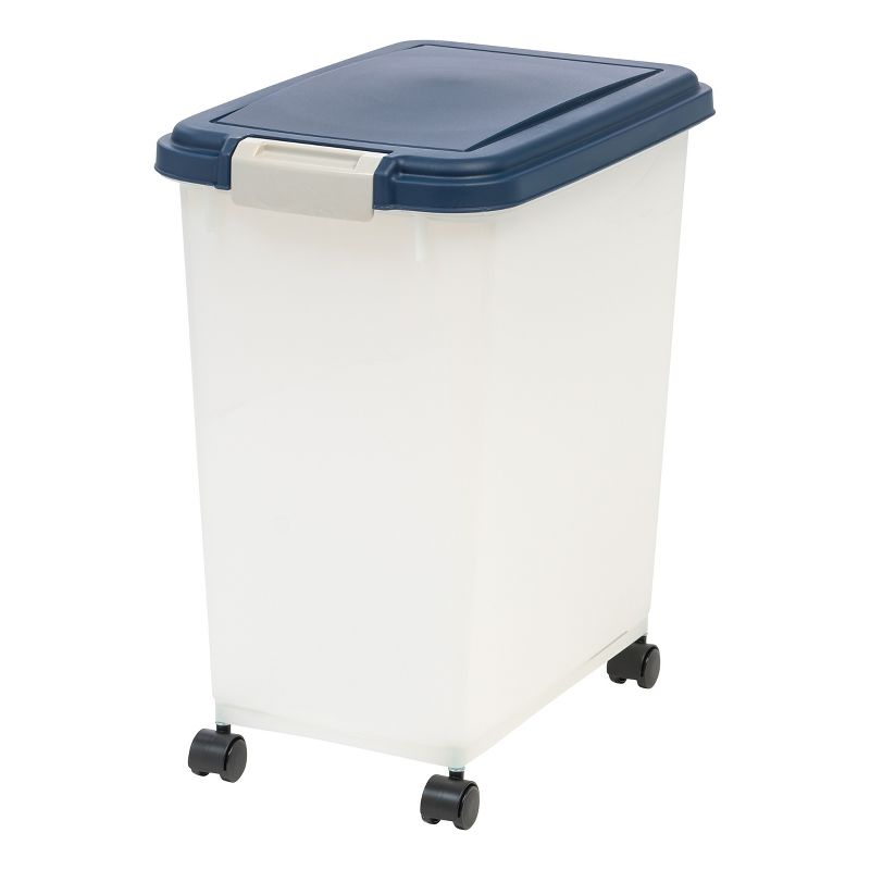 IRIS USA 30 lbs / 33 Qt Airtight Dog Food Storage Container with Attachable Casters, Navy/Pearl