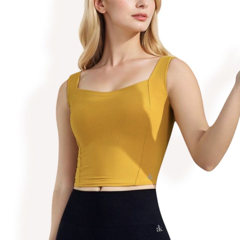 Anna-Kaci Active Women's Ribbed Square Neck Cropped Tank Top - Small, Yellow