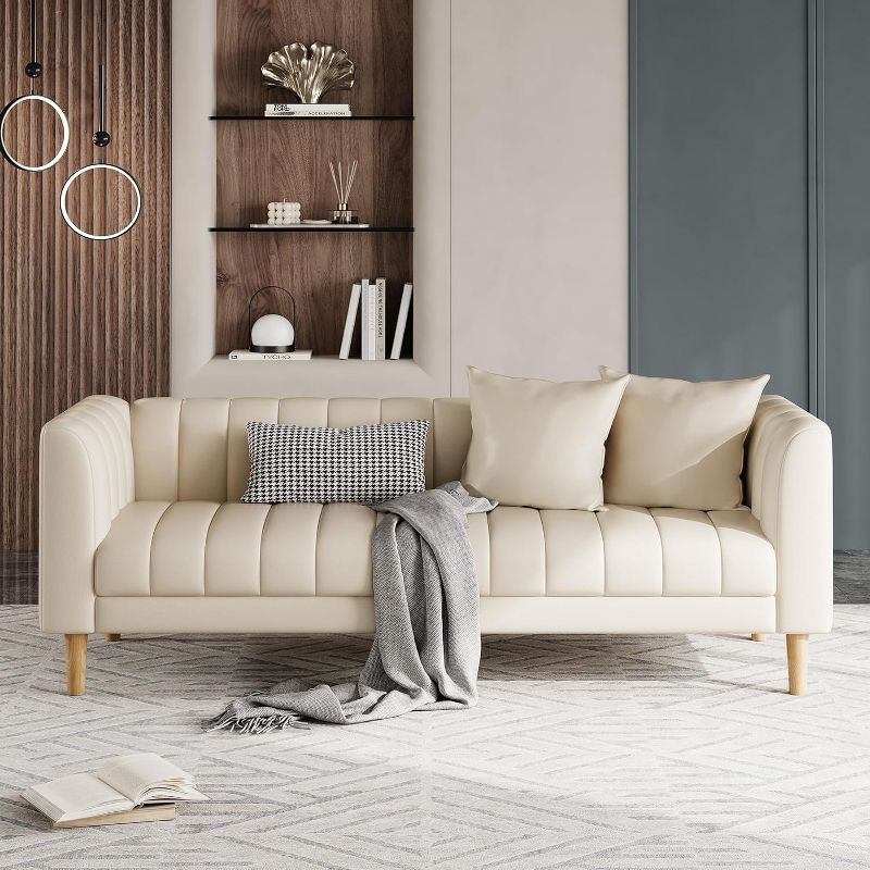 78" Faux Leather Sofa Couch, Modern 3-Seater with Deep Seats, 2 Throw Pillows, Wood Legs, for Living Room, Apartment or Bedroom, Beige