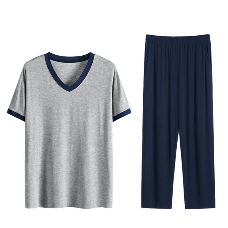 Lars Amadeus Men's Cotton Short Sleeves V Neck Top Bottoms Lounge Sleep Pajamas Sets Navy Blue XX-Large