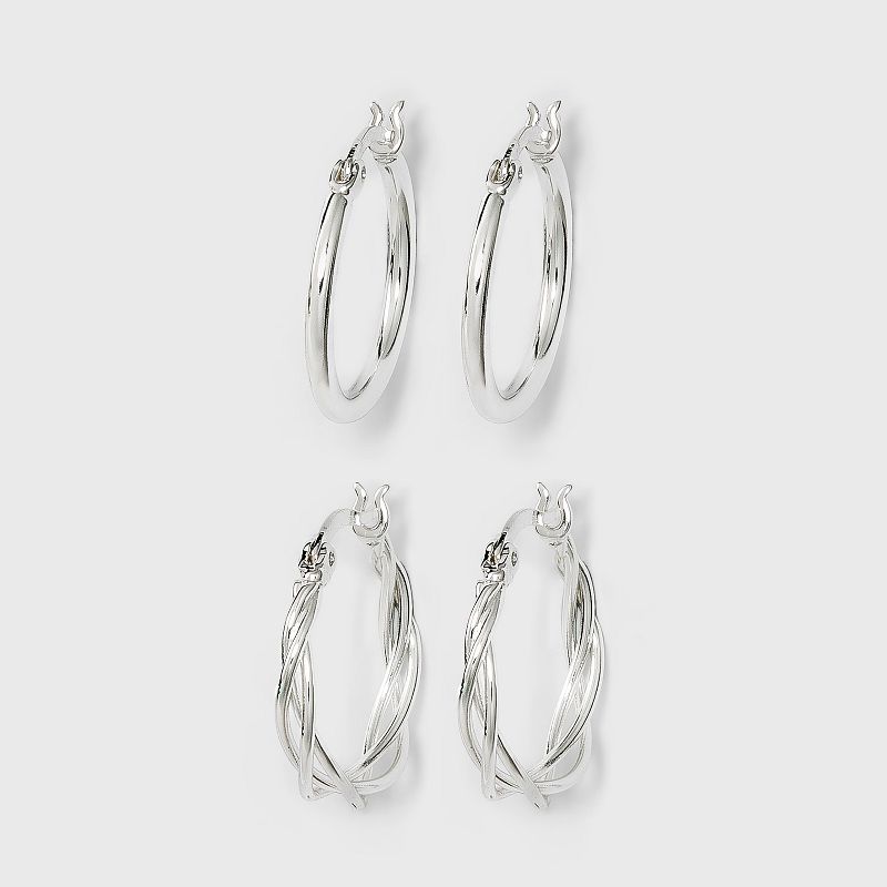 Silver Plated Braided and Polished Hoop Earring Set 2pc - A New Day™ Silver: Nickel-Free, Snap Closure