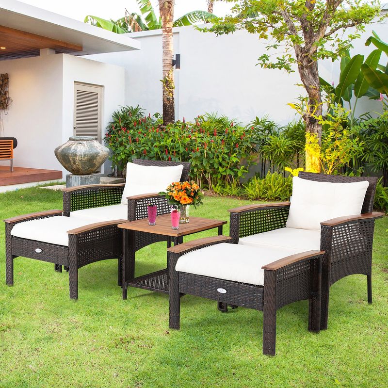 Costway 5PCS Patio Rattan Furniture Set Acacia Wood Table Armrest Cushion Yard